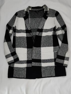 Talbots Black and White Plaid Open-Front Cardigan